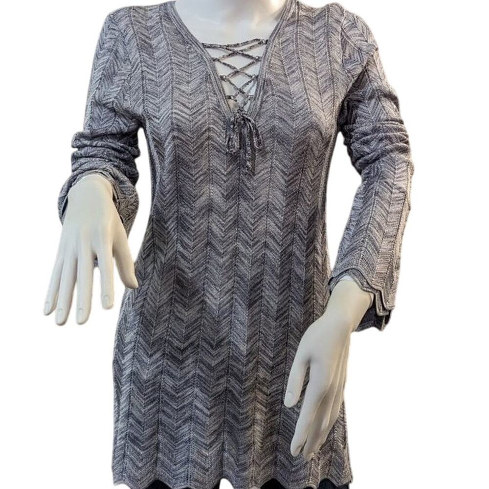 #241 WHBM Sweater Metallic Silver/White - Lace Up Sweater Herringbone Pattern